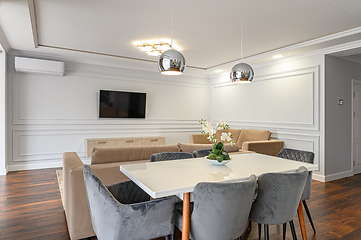 Image showing Luxury grey and white modern kitchen and living room