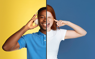 Image showing Fun and creative combination of portraits of young people with different emotions, various facial expression on splited multicolored background.