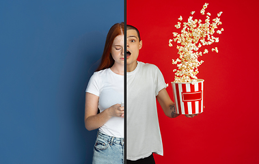 Image showing Fun and creative combination of portraits of young people with different emotions, various facial expression on splited multicolored background.