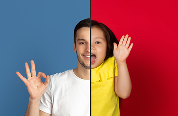 Image showing Fun and creative combination of portraits of young people with different emotions, various facial expression on splited multicolored background.