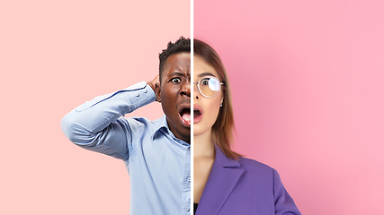 Image showing Fun and creative combination of portraits of young people with different emotions, various facial expression on splited multicolored background.