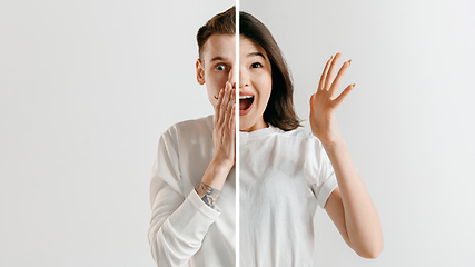 Image showing Fun and creative combination of portraits of young people with different emotions, various facial expression on splited multicolored background.