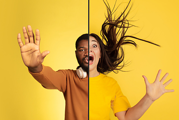 Image showing Fun and creative combination of portraits of young people with different emotions, various facial expression on splited multicolored background.