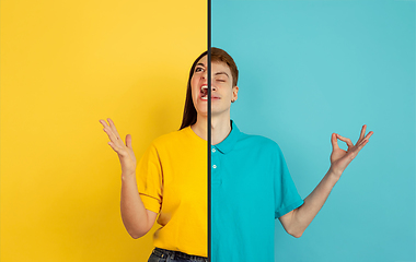 Image showing Fun and creative combination of portraits of young people with different emotions, various facial expression on splited multicolored background.