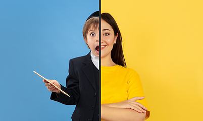 Image showing Fun and creative combination of portraits of young people with different emotions, various facial expression on splited multicolored background.