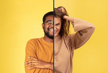 Image showing Fun and creative combination of portraits of young people with different emotions, various facial expression on splited multicolored background.