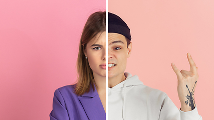 Image showing Fun and creative combination of portraits of young people with different emotions, various facial expression on splited multicolored background.