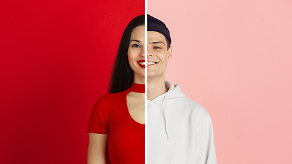 Image showing Fun and creative combination of portraits of young people with different emotions, various facial expression on splited multicolored background.