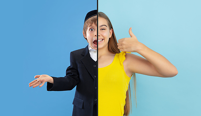 Image showing Fun and creative combination of portraits of young people with different emotions, various facial expression on splited multicolored background.