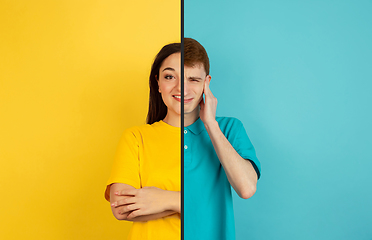 Image showing Fun and creative combination of portraits of young people with different emotions, various facial expression on splited multicolored background.