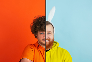 Image showing Fun and creative combination of portraits of young people with different emotions, various facial expression on splited multicolored background.