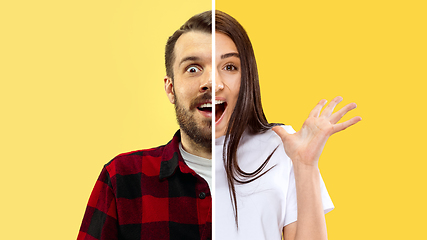 Image showing Fun and creative combination of portraits of young people with different emotions, various facial expression on splited multicolored background.