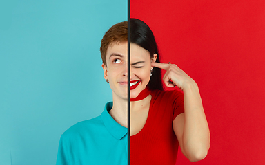 Image showing Fun and creative combination of portraits of young people with different emotions, various facial expression on splited multicolored background.