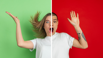 Image showing Fun and creative combination of portraits of young people with different emotions, various facial expression on splited multicolored background.