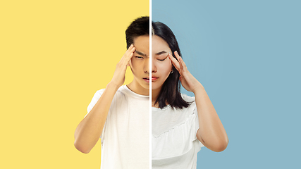 Image showing Fun and creative combination of portraits of young people with different emotions, various facial expression on splited multicolored background.