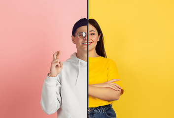 Image showing Fun and creative combination of portraits of young people with different emotions, various facial expression on splited multicolored background.