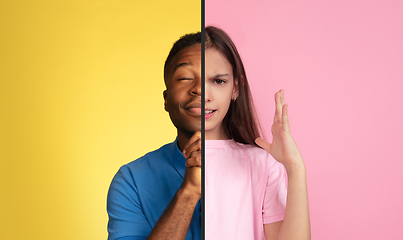 Image showing Fun and creative combination of portraits of young people with different emotions, various facial expression on splited multicolored background.