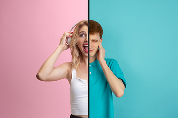 Image showing Fun and creative combination of portraits of young people with different emotions, various facial expression on splited multicolored background.