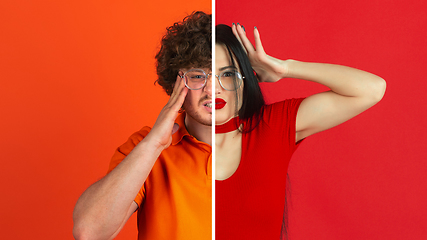 Image showing Fun and creative combination of portraits of young people with different emotions, various facial expression on splited multicolored background.