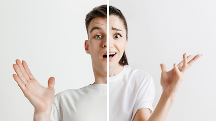 Image showing Fun and creative combination of portraits of young people with different emotions, various facial expression on splited multicolored background.