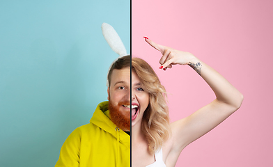 Image showing Fun and creative combination of portraits of young people with different emotions, various facial expression on splited multicolored background.