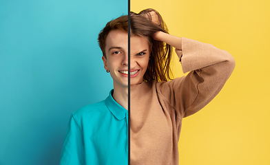 Image showing Fun and creative combination of portraits of young people with different emotions, various facial expression on splited multicolored background.