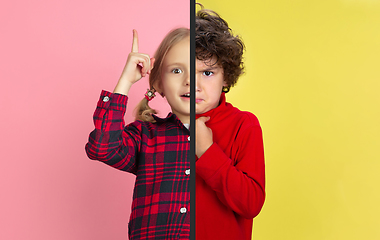 Image showing Fun and creative combination of portraits of young people with different emotions, various facial expression on splited multicolored background.