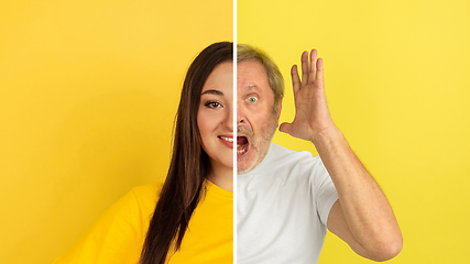 Image showing Fun and creative combination of portraits of young people with different emotions, various facial expression on splited multicolored background.