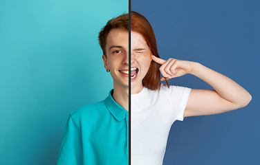 Image showing Fun and creative combination of portraits of young people with different emotions, various facial expression on splited multicolored background.