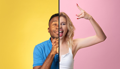 Image showing Fun and creative combination of portraits of young people with different emotions, various facial expression on splited multicolored background.