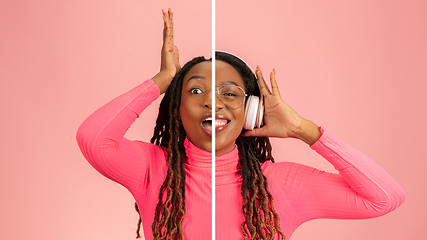 Image showing Fun and creative combination of portraits of young girl with different emotions, various facial expression on splited studio background.