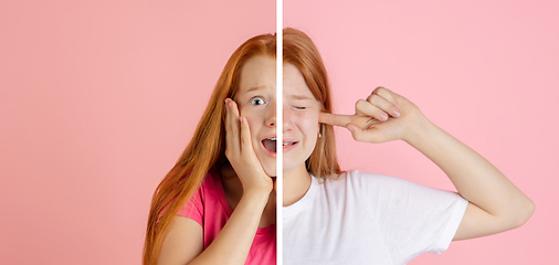 Image showing Fun and creative combination of portraits of young girl with different emotions, various facial expression on splited studio background.