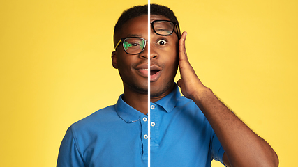 Image showing Fun and creative combination of portraits of young guy with different emotions, various facial expression on splited studio background.