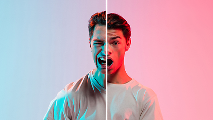 Image showing Fun and creative combination of portraits of young guy with different emotions, various facial expression on splited studio background.