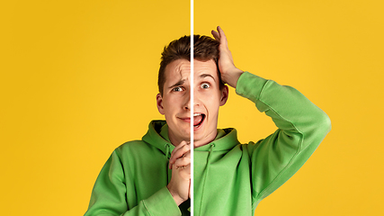 Image showing Fun and creative combination of portraits of young guy with different emotions, various facial expression on splited studio background.