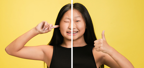 Image showing Fun and creative combination of portraits of young girl with different emotions, various facial expression on splited studio background.