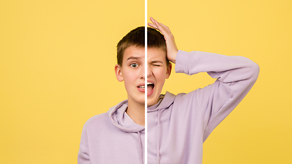 Image showing Fun and creative combination of portraits of young girl with different emotions, various facial expression on splited studio background.