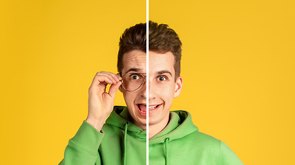 Image showing Fun and creative combination of portraits of young guy with different emotions, various facial expression on splited studio background.