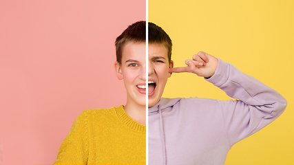 Image showing Fun and creative combination of portraits of young girl with different emotions, various facial expression on splited studio background.