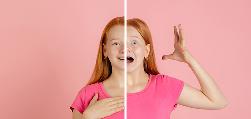 Image showing Fun and creative combination of portraits of young girl with different emotions, various facial expression on splited studio background.