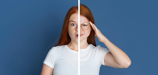 Image showing Fun and creative combination of portraits of young girl with different emotions, various facial expression on splited studio background.