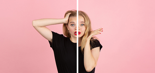 Image showing Fun and creative combination of portraits of young girl with different emotions, various facial expression on splited studio background.