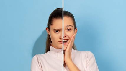 Image showing Fun and creative combination of portraits of young girl with different emotions, various facial expression on splited studio background.