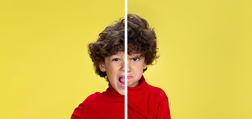 Image showing Fun and creative combination of portraits of little boy with different emotions, various facial expression on splited studio background.