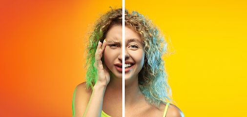 Image showing Fun and creative combination of portraits of young girl with different emotions, various facial expression on splited studio background.