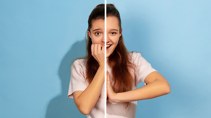 Image showing Fun and creative combination of portraits of young girl with different emotions, various facial expression on splited studio background.