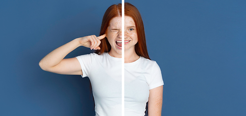 Image showing Fun and creative combination of portraits of young girl with different emotions, various facial expression on splited studio background.