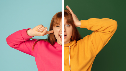 Image showing Fun and creative combination of portraits of young girl with different emotions, various facial expression on splited studio background.