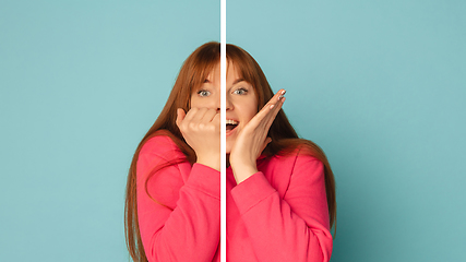 Image showing Fun and creative combination of portraits of young girl with different emotions, various facial expression on splited studio background.