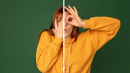 Image showing Fun and creative combination of portraits of young girl with different emotions, various facial expression on splited studio background.
